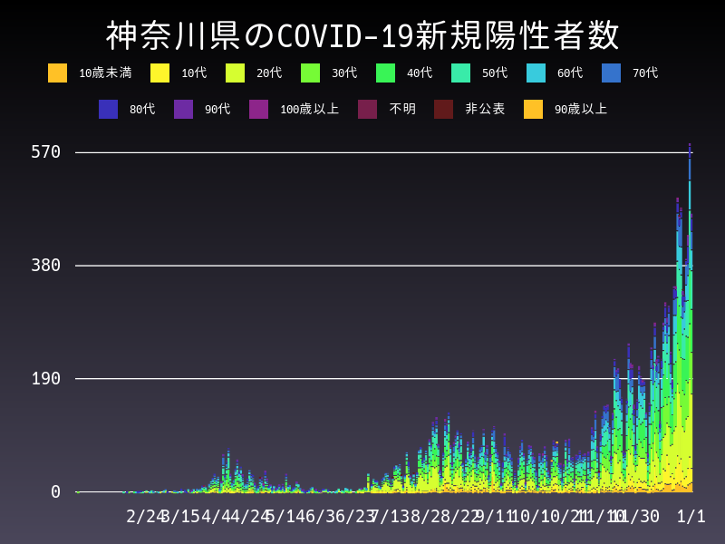 2021年1月1日 神奈川県の新型コロナウイルス新規陽性者数