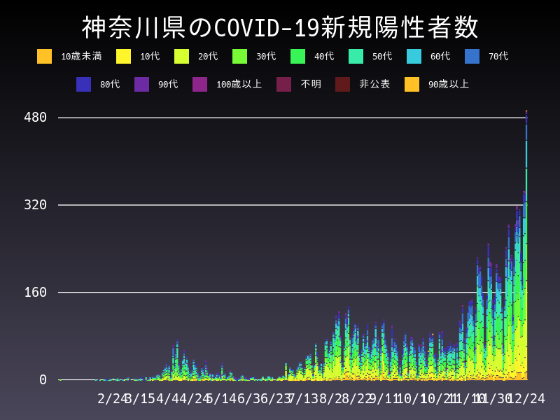 2020年12月24日 神奈川県 新型コロナウイルス新規陽性者数 グラフ