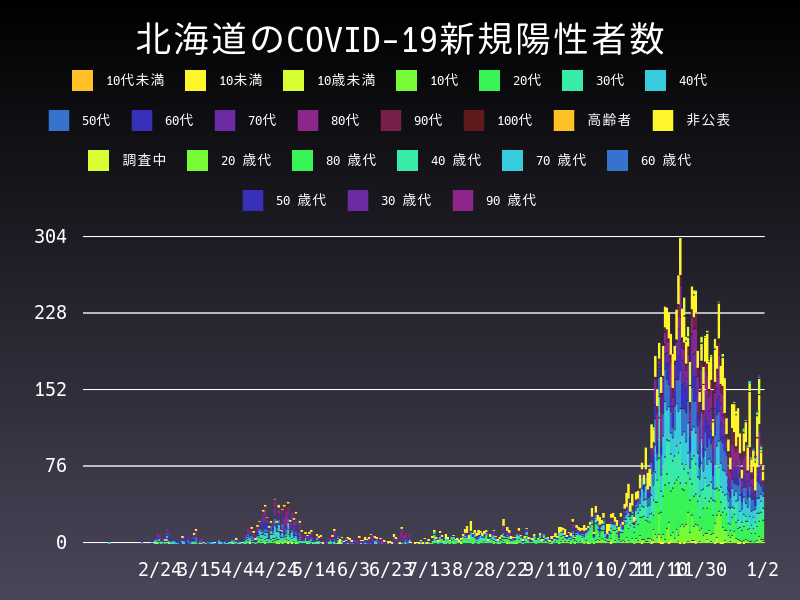 2021年1月2日 北海道 新型コロナウイルス新規陽性者数 グラフ