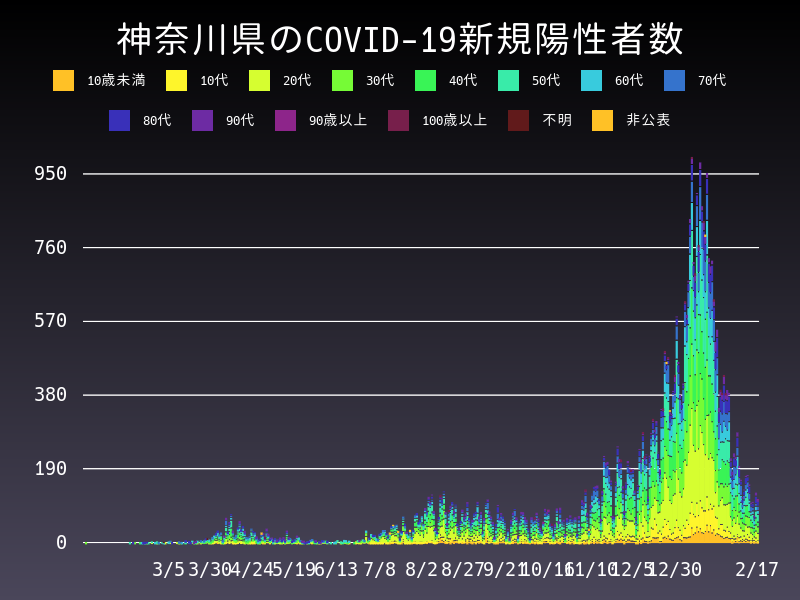 2021年2月17日 神奈川県 新型コロナウイルス新規陽性者数 グラフ