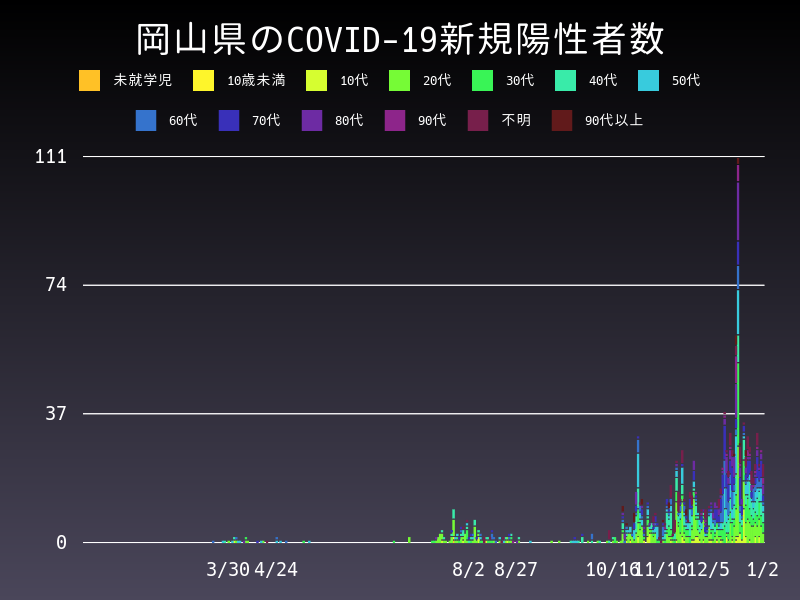 2021年1月2日 岡山県 新型コロナウイルス新規陽性者数 グラフ