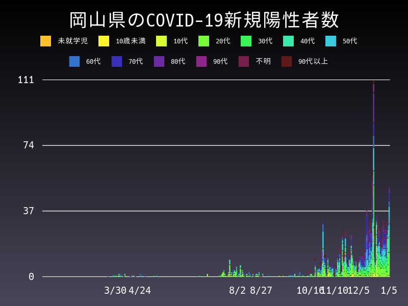 2021年1月5日 岡山県 新型コロナウイルス新規陽性者数 グラフ