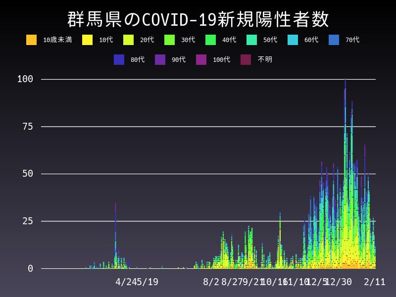 2021年2月11日 群馬県 新型コロナウイルス新規陽性者数 グラフ