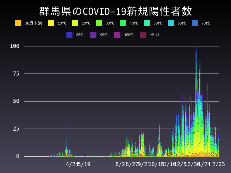 2021年2月23日 群馬県 新型コロナウイルス新規陽性者数 グラフ