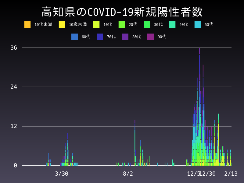 2021年2月13日 高知県 新型コロナウイルス新規陽性者数 グラフ
