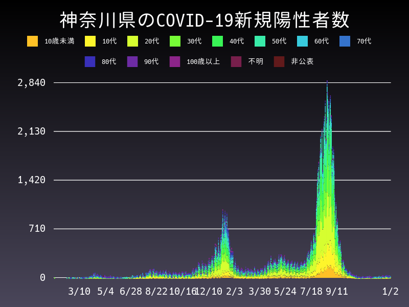2022年1月2日 神奈川県 新型コロナウイルス新規陽性者数 グラフ
