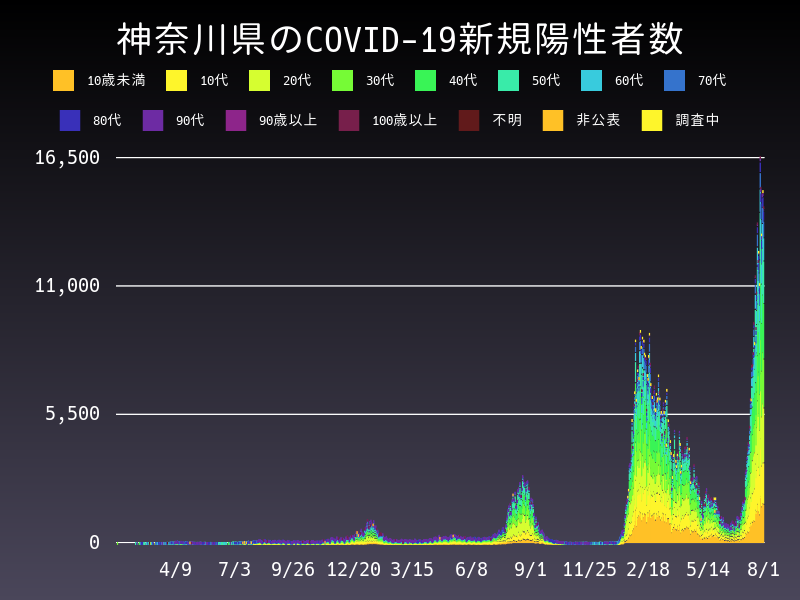 2022年8月1日 神奈川県 新型コロナウイルス新規陽性者数 グラフ